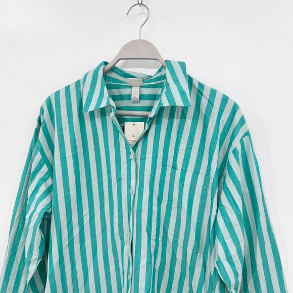 NEW A New Day Womens Long Sleeve Button-Down Shirt - Green Stripe - Size L - Picture 3 of 10
